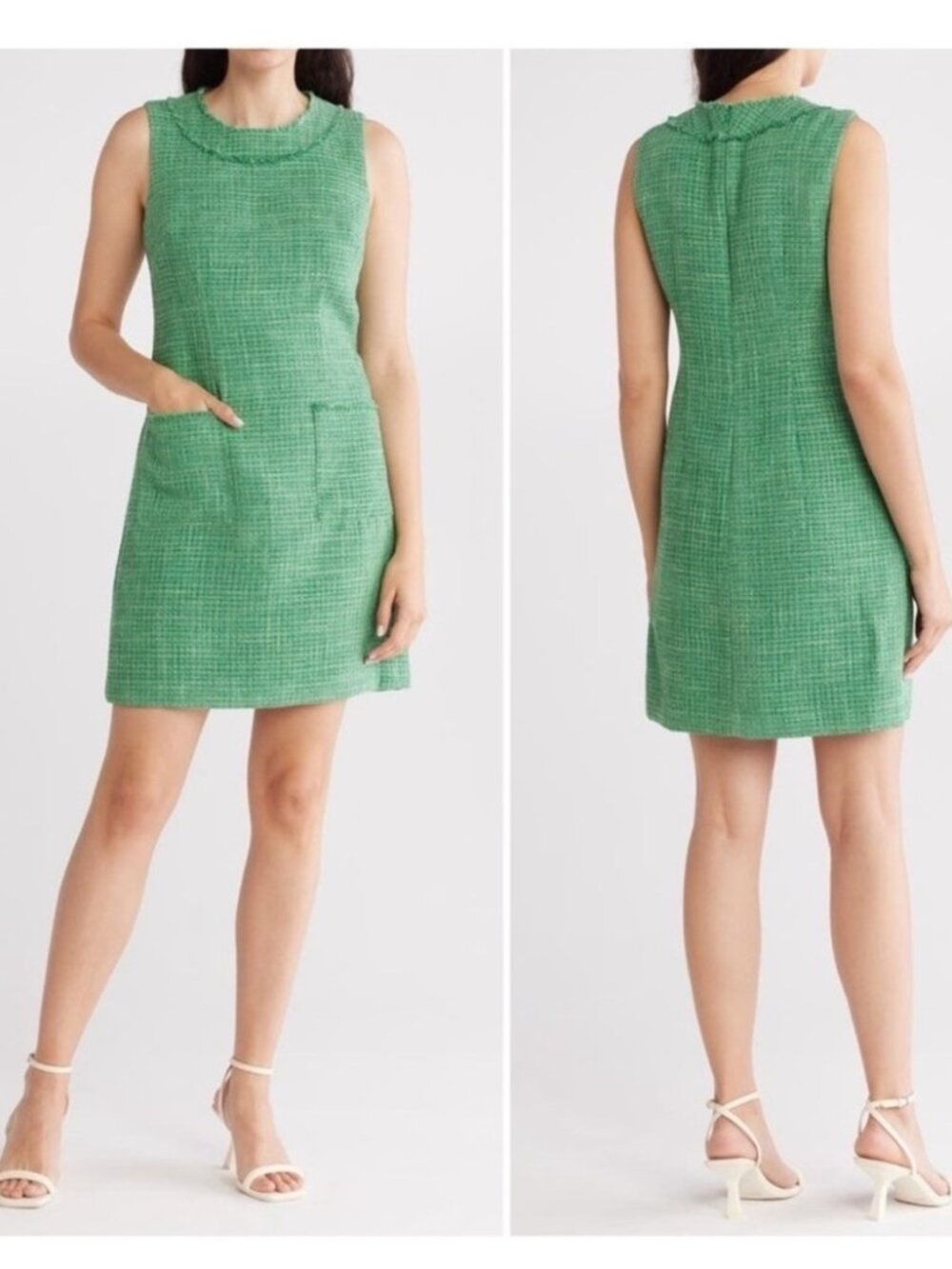 Eliza J Tweed Shift Dress Size 8 Green Sleeveless Crewneck Office Mini Classic
